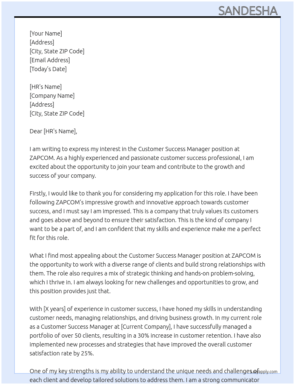 Customer Success Manager At ZAPCOM. Cover Letter