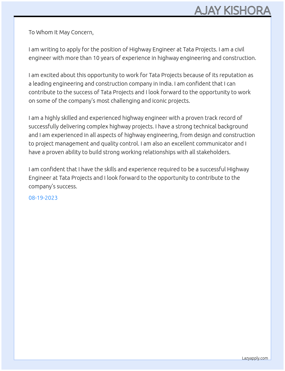 Highway Engineering  At Tata Project  Cover Letter
