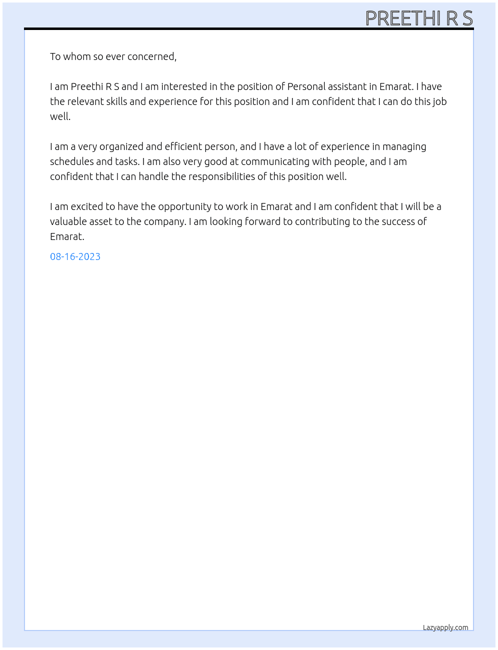 Personal assistant  At Emarat Cover Letter
