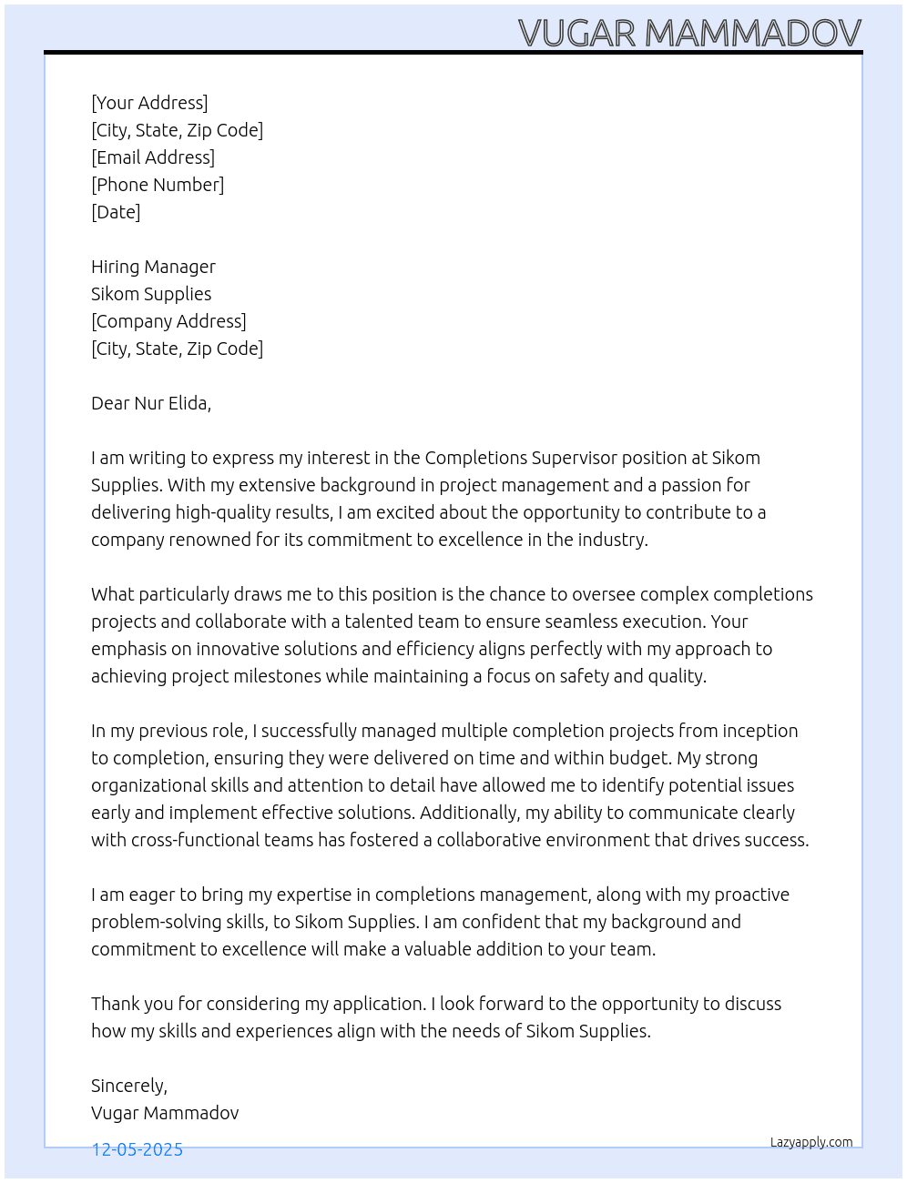 Completions Supervisor At Sikom Supplies Cover Letter