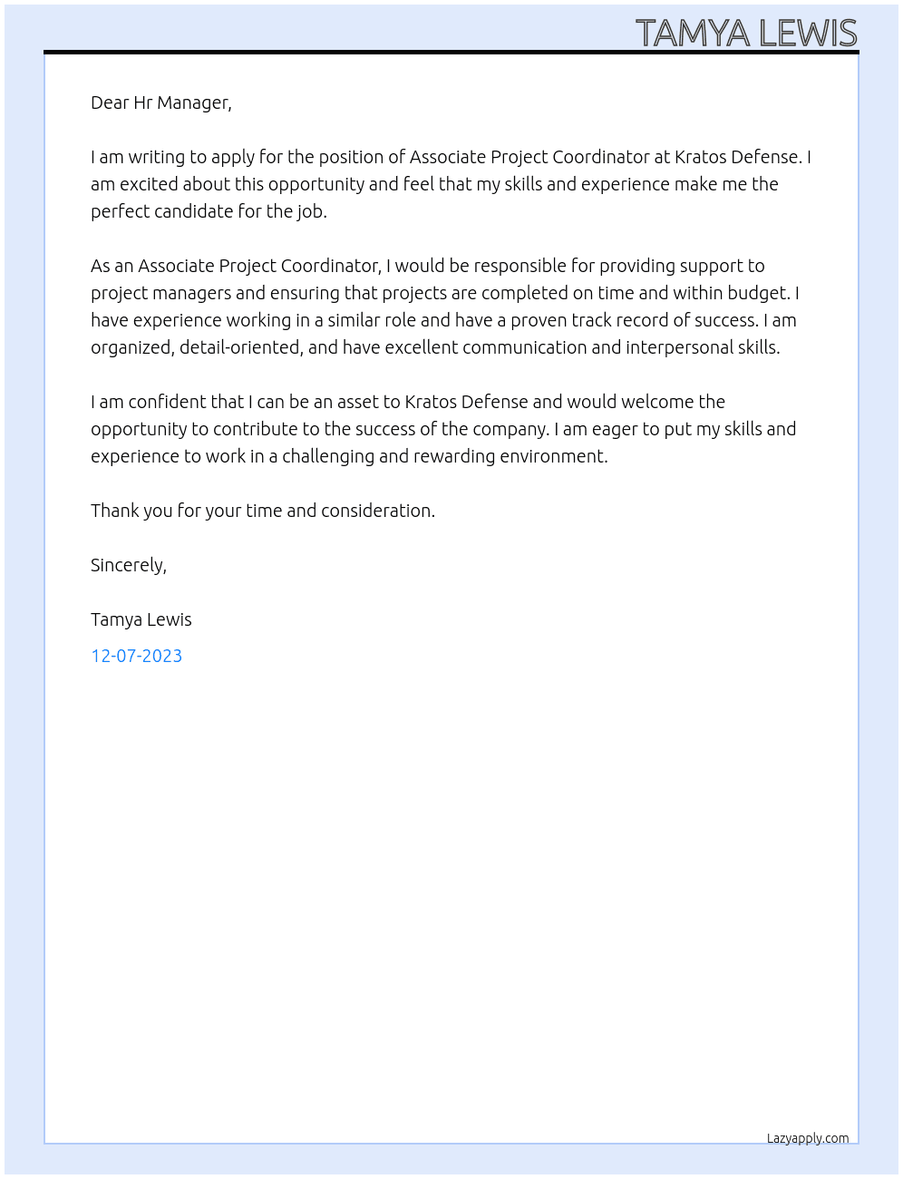 Associate Project Coordinator At Kratos Defense  Cover Letter
