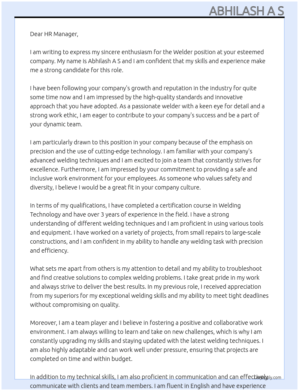 welder At any caompany Cover Letter