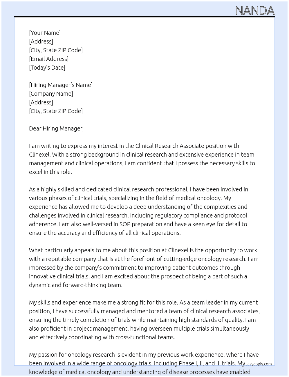 clinical research associate At clinexel Cover Letter