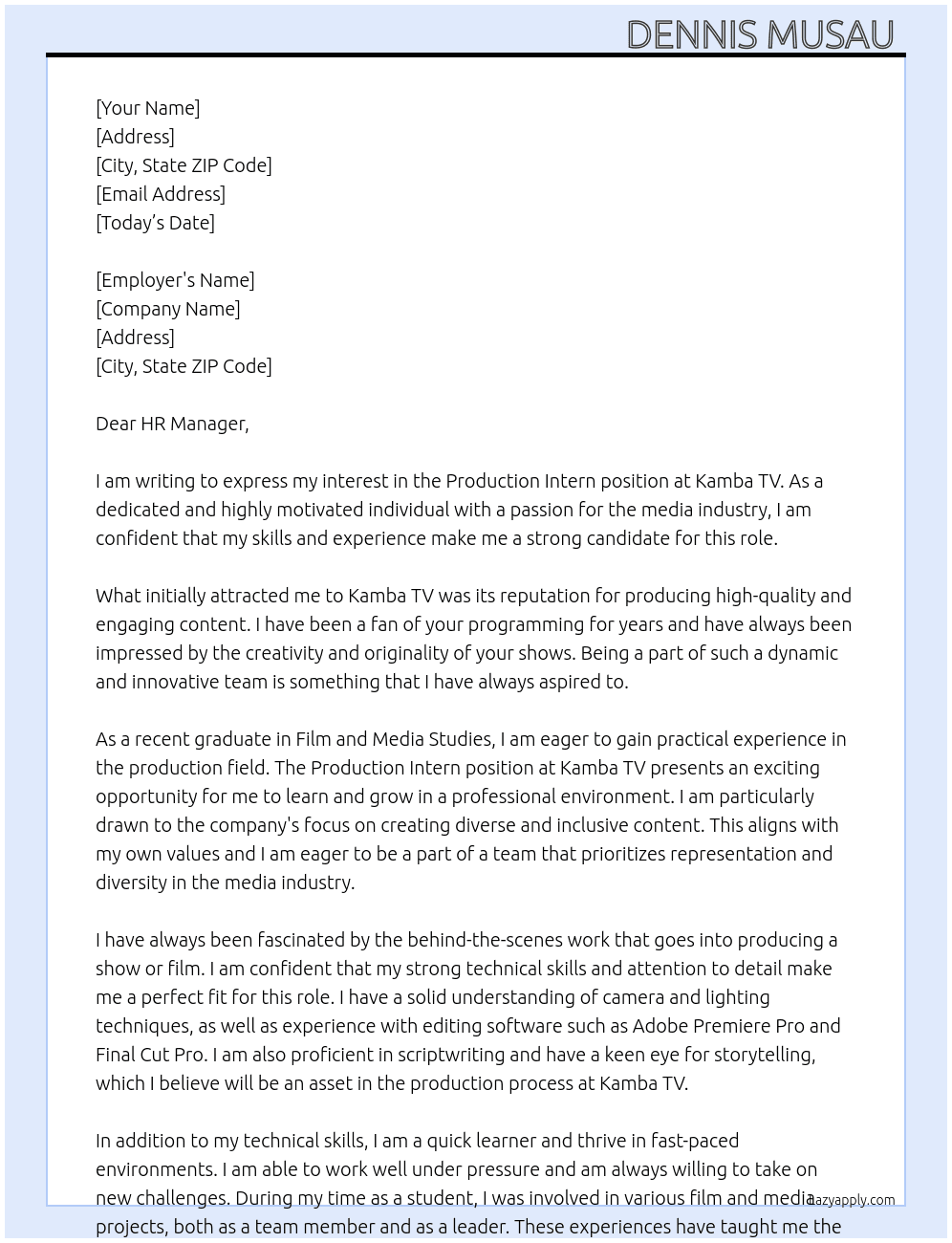 Production Intern  At Kamba Tv Cover Letter