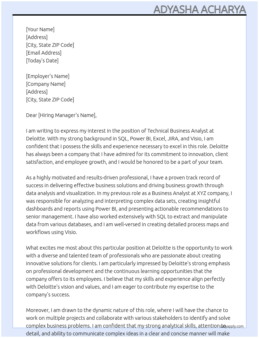Technical Business Analyst At Deloitte Cover Letter