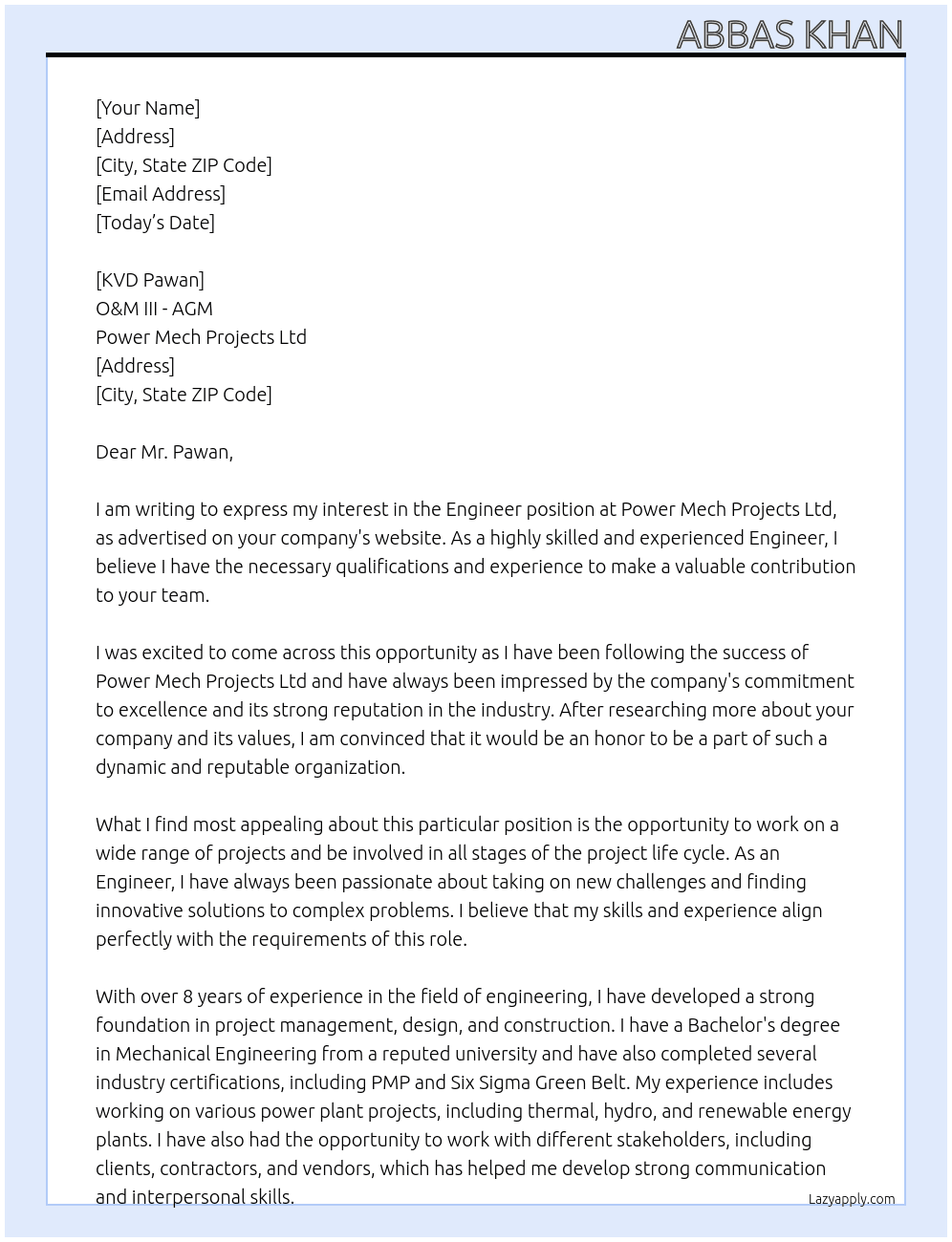 Engineer At Power Mech Projects Ltd Cover Letter