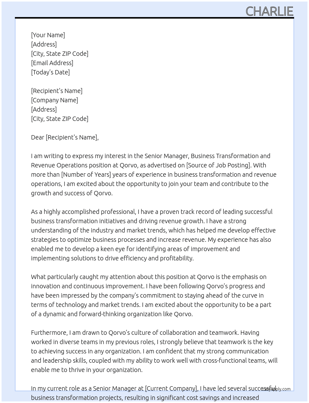 senior manager, business transformation and revenue operations At qorvo Cover Letter
