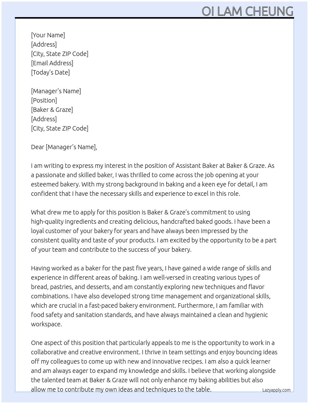 assistant baker At Baker & Graze Cover Letter