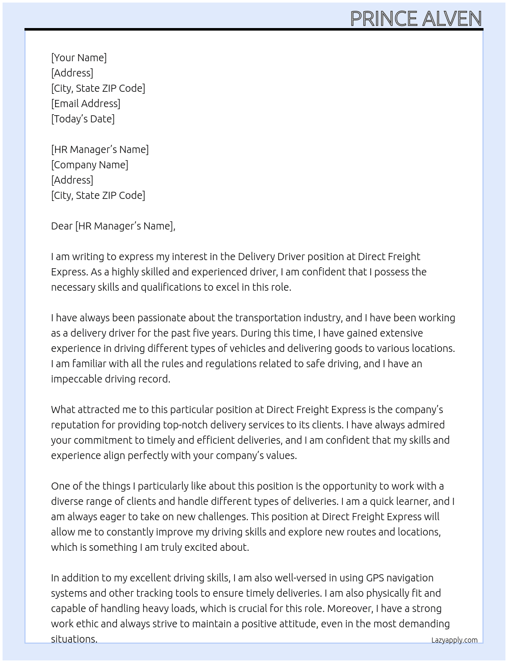 Delivery Driver At Direct Freight Express Cover Letter