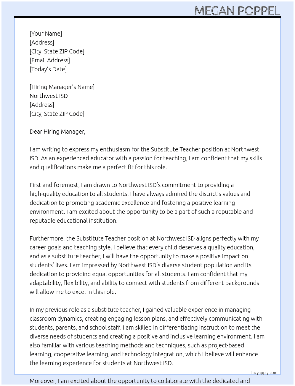 Substitute Teacher At Northwest ISD  Cover Letter