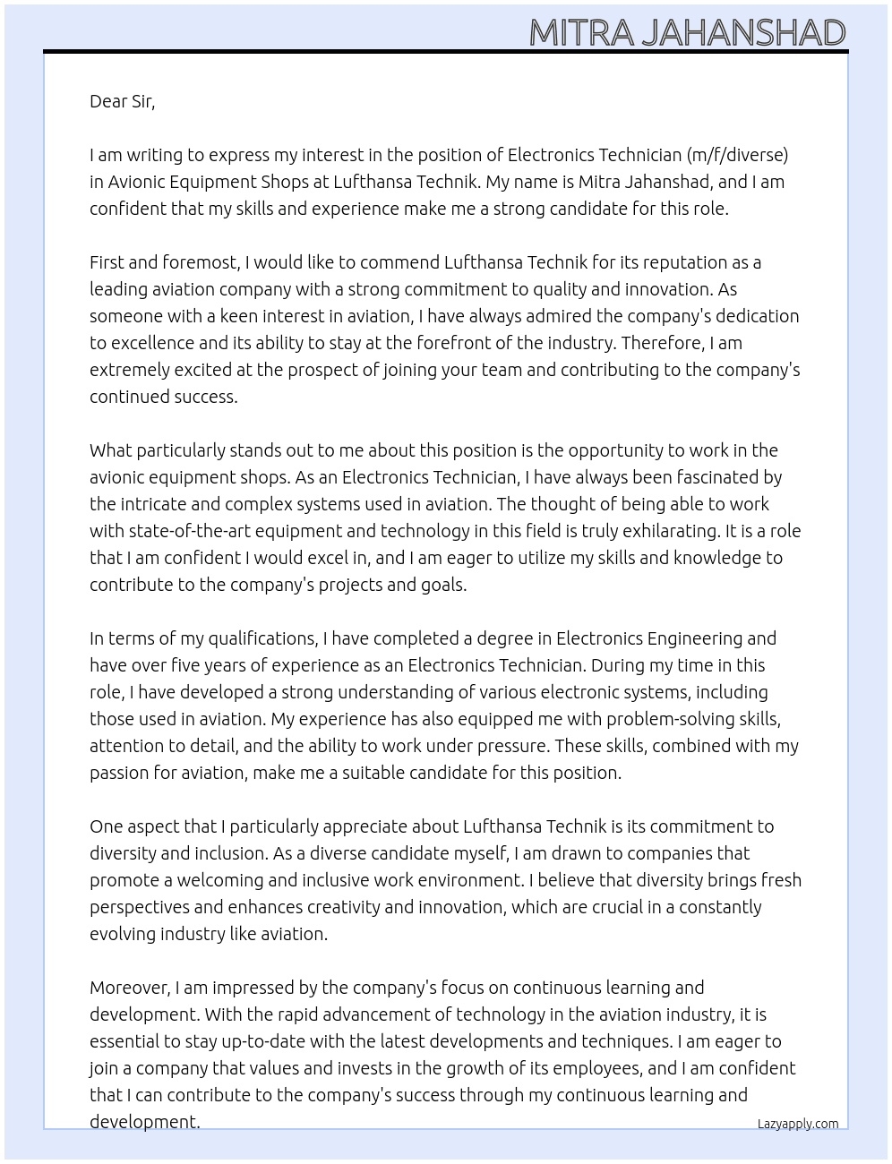 Electronics technician (m/f/diverse) in avionic equipment shops At Lufthansa Technik Cover Letter