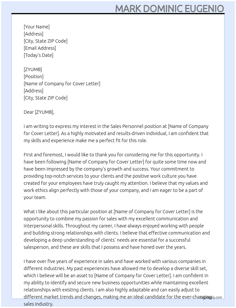 Sales Personel At Part Time - Houseperson  Cover Letter