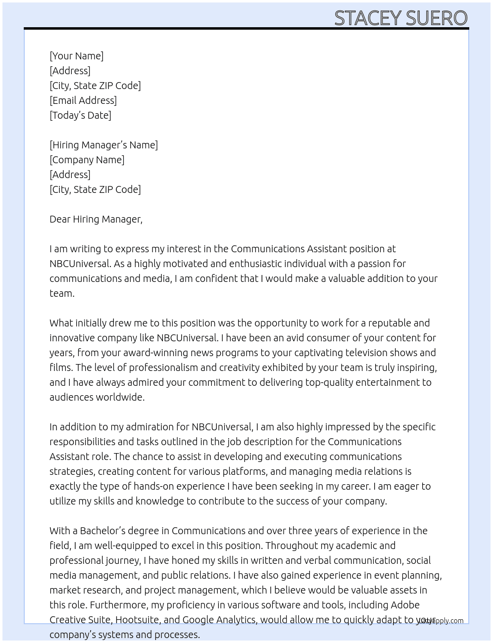 Communications Assistant At NBCUniversal Cover Letter