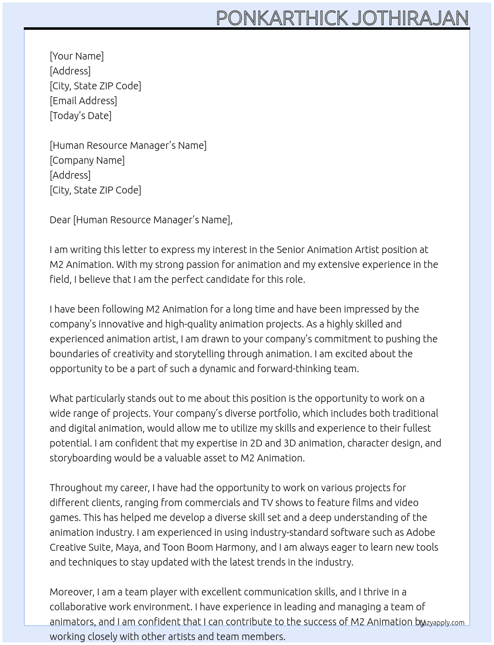 Senior Animation Artist At M2 Animation Cover Letter