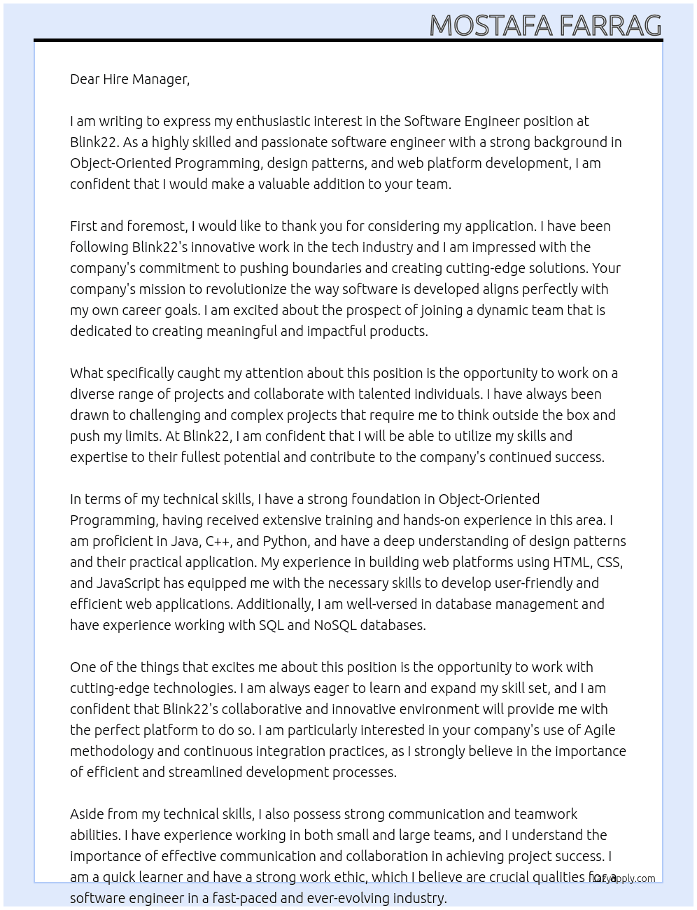Software engineer  At Blink22 Cover Letter