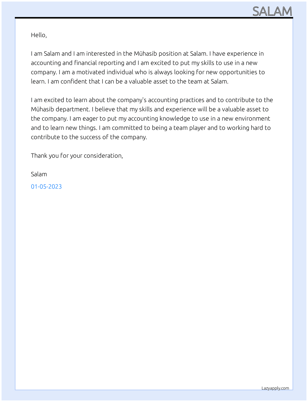Mühasib At Salam Cover Letter