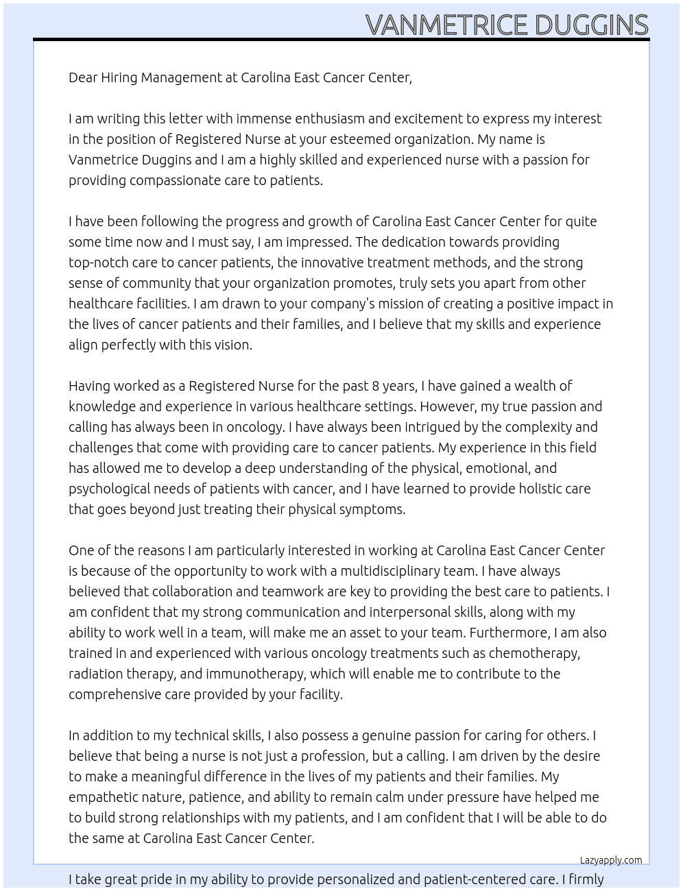 Registered Nurse At Carolina East Cancer Center Cover Letter