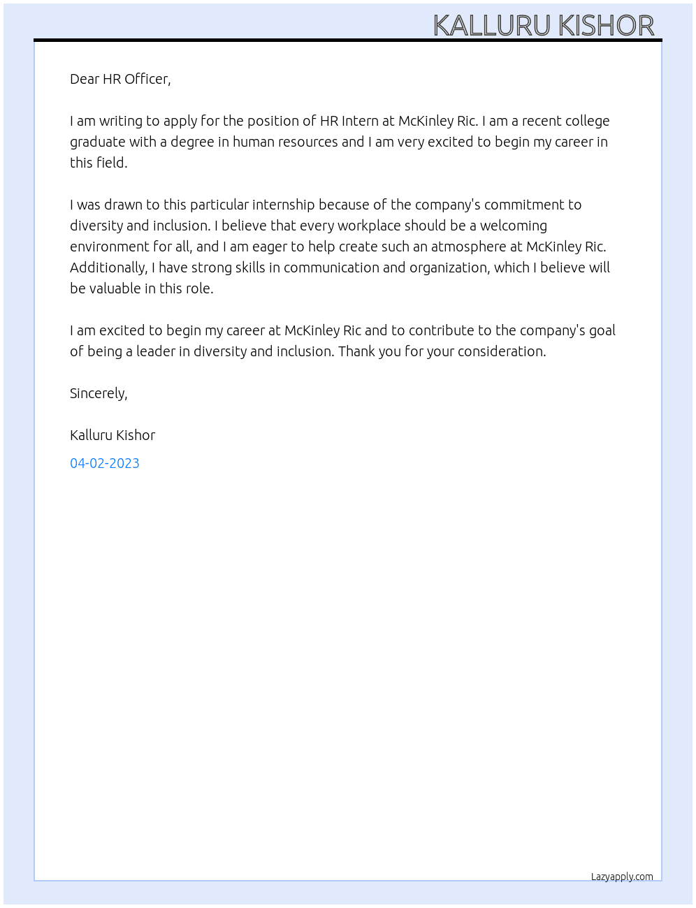 HR Internship  At Mckinley Ric Cover Letter