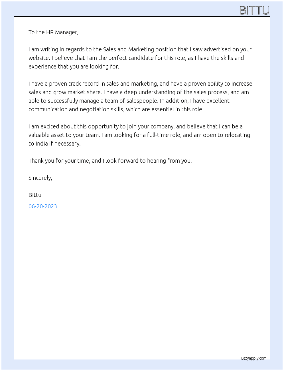 sales and marketting At shivansh Cover Letter