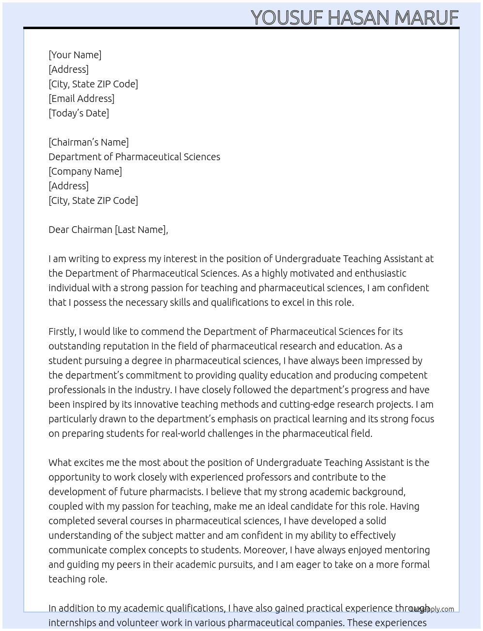 Undergraduate Teaching Assistant At Department of Pharmaceutical Sciences Cover Letter