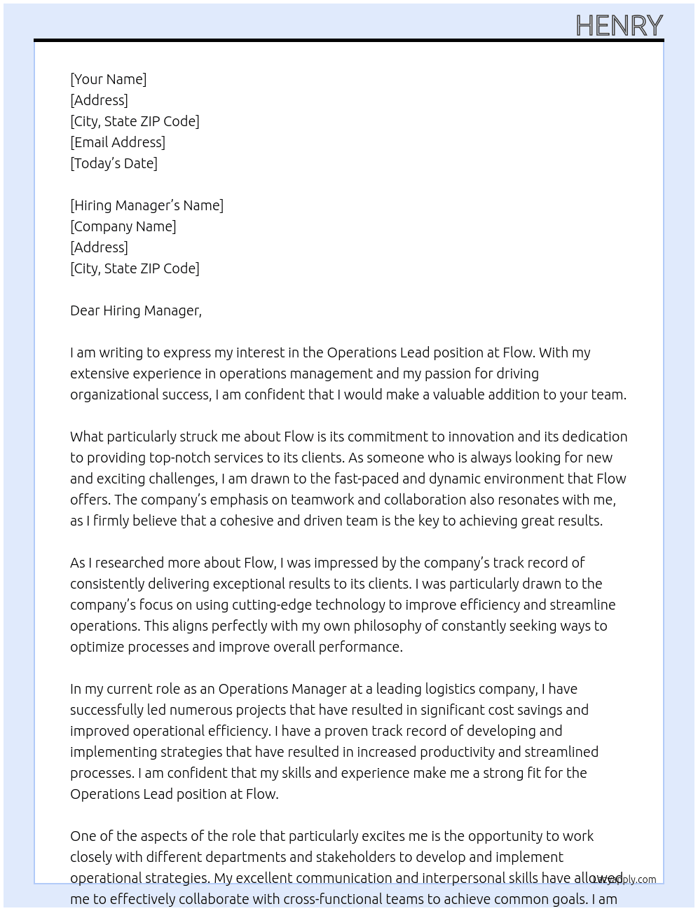 Operations Lead At Flow Cover Letter