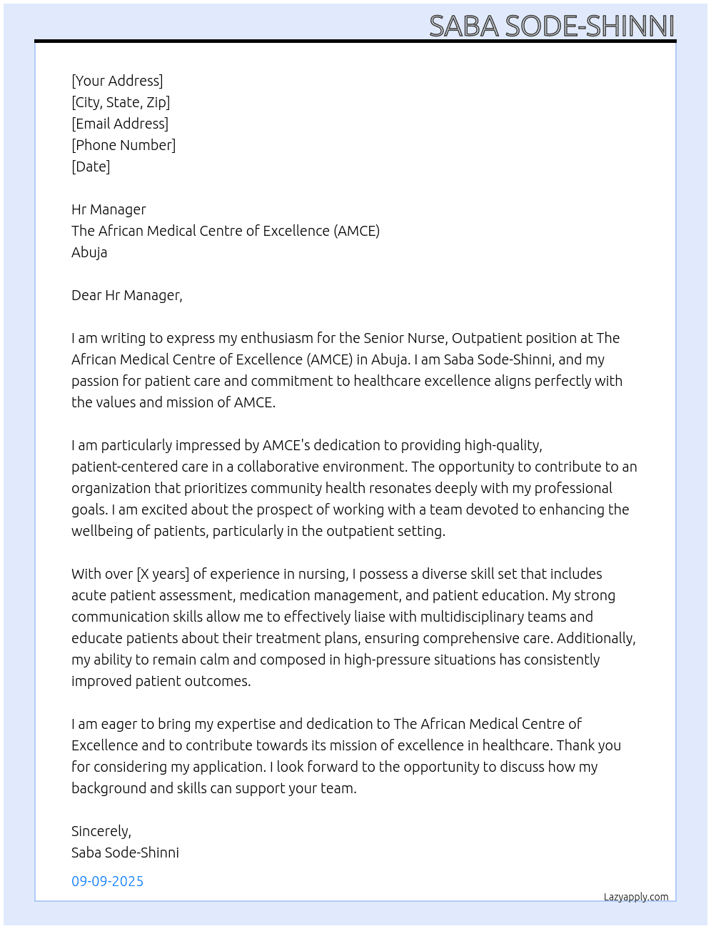 Cover letter for senior nurse, outpatient - LazyApply