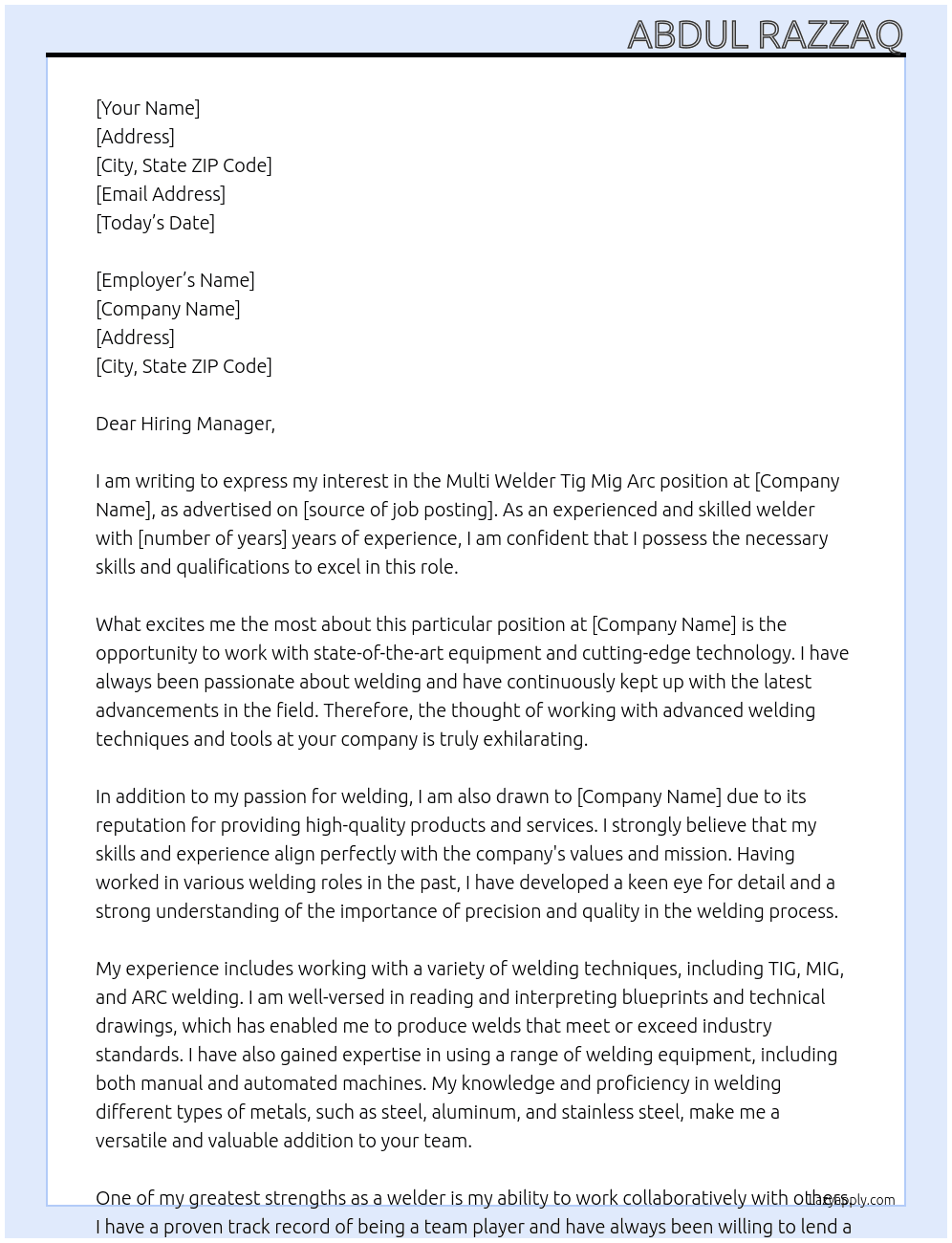 Multi welder Tig Mig arc At Dear Haring manegar Cover Letter