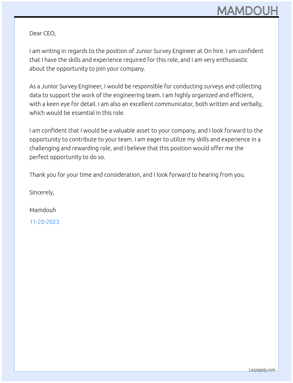 Junior survey engineer At On hire Cover Letter