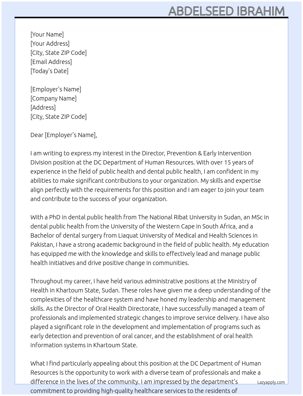 Director, Prevention & Early Intervention Division At DC Department of Human Resources  Cover Letter