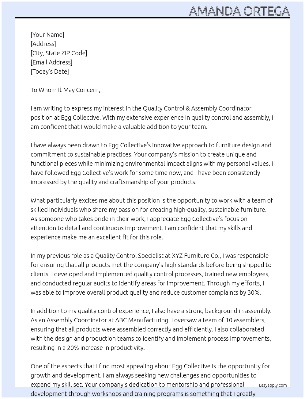 Quality Control & Assembly Coordinator At Egg Collective Cover Letter