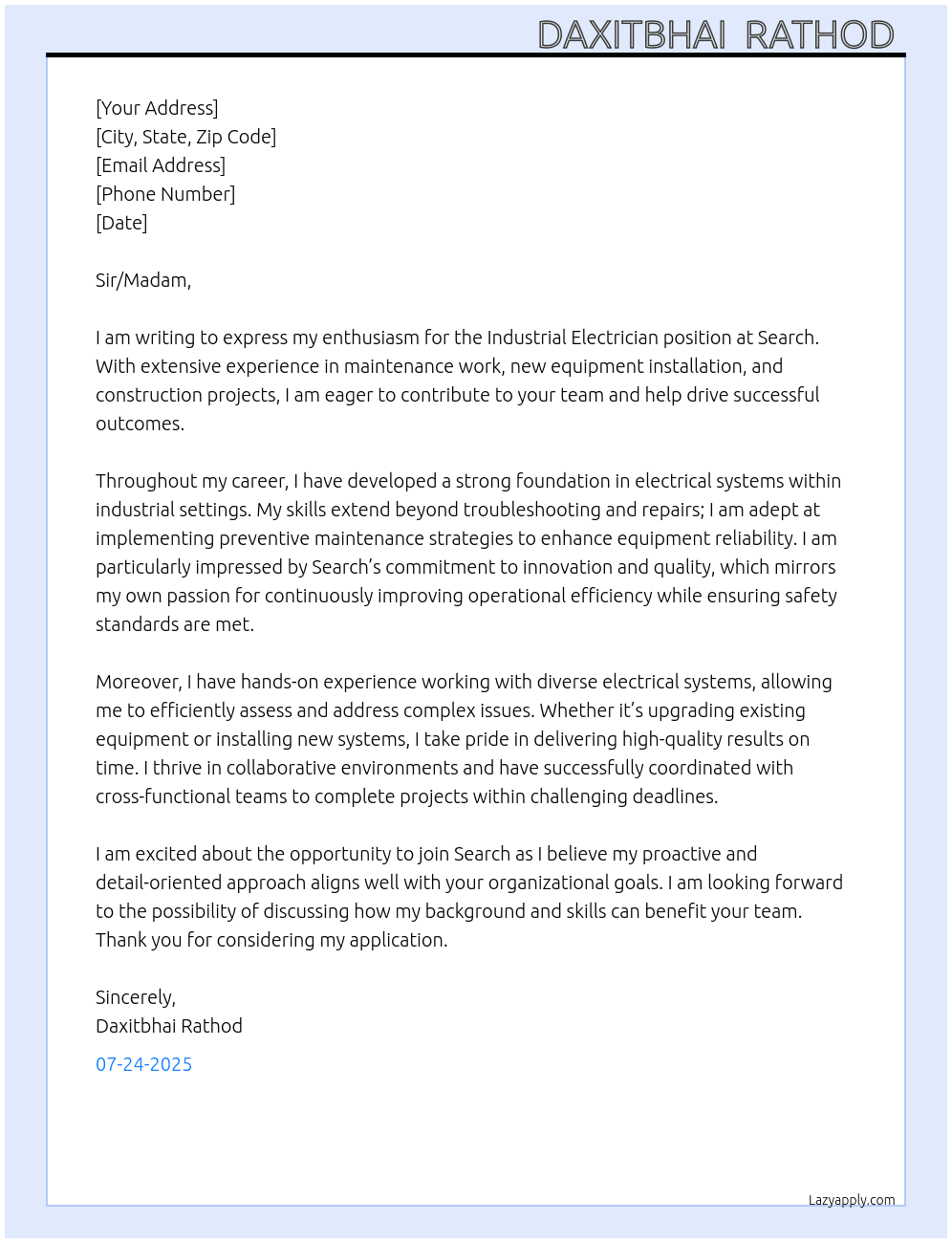 Industrial Electrician  At Search  Cover Letter
