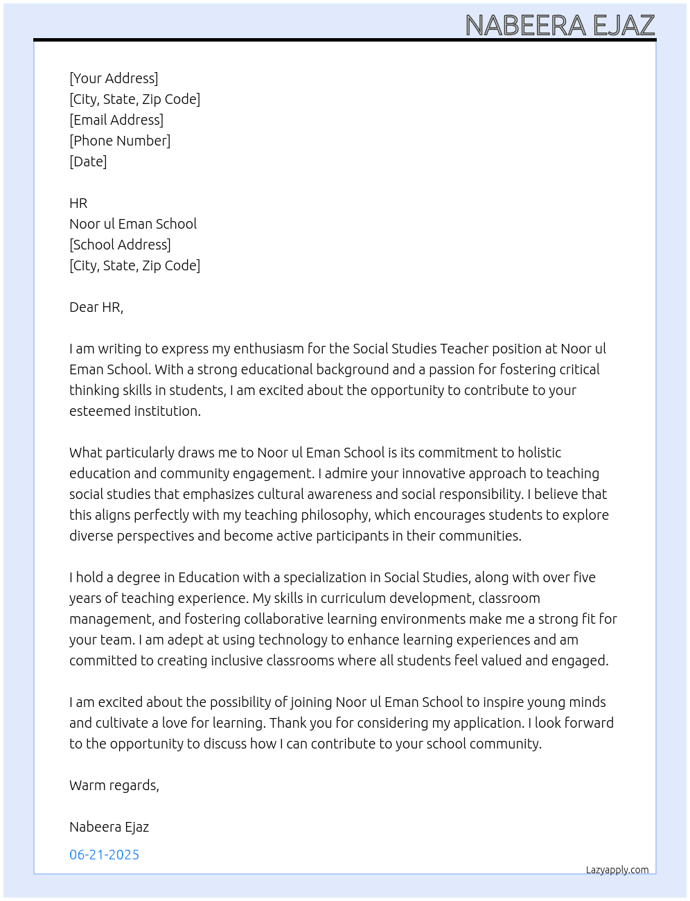 Social studies teacher  At Noor ul Eman school Cover Letter