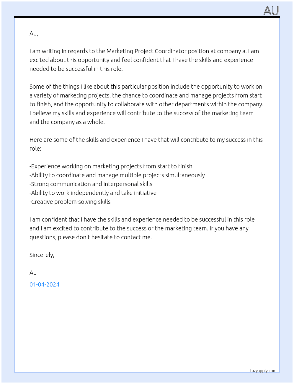 Marketing (Project coordinator) At a Cover Letter