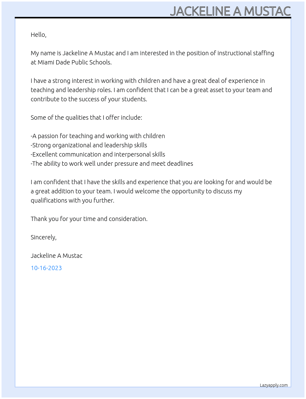 Instructional Staffing  At Miami Dade Public Schools Cover Letter