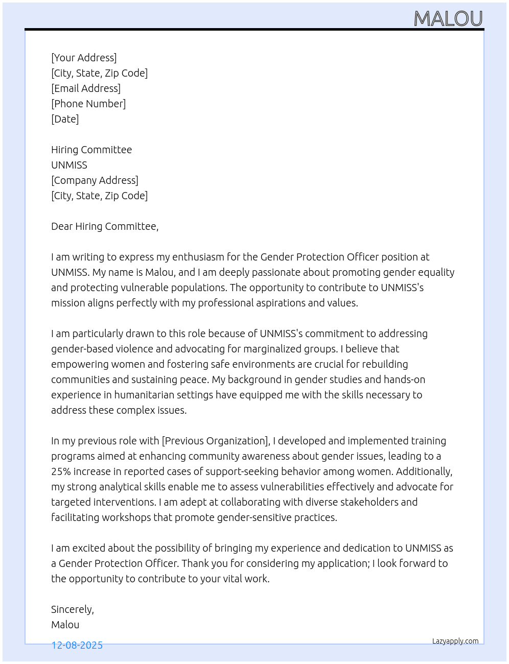 Cover letter for gender protection officer - LazyApply
