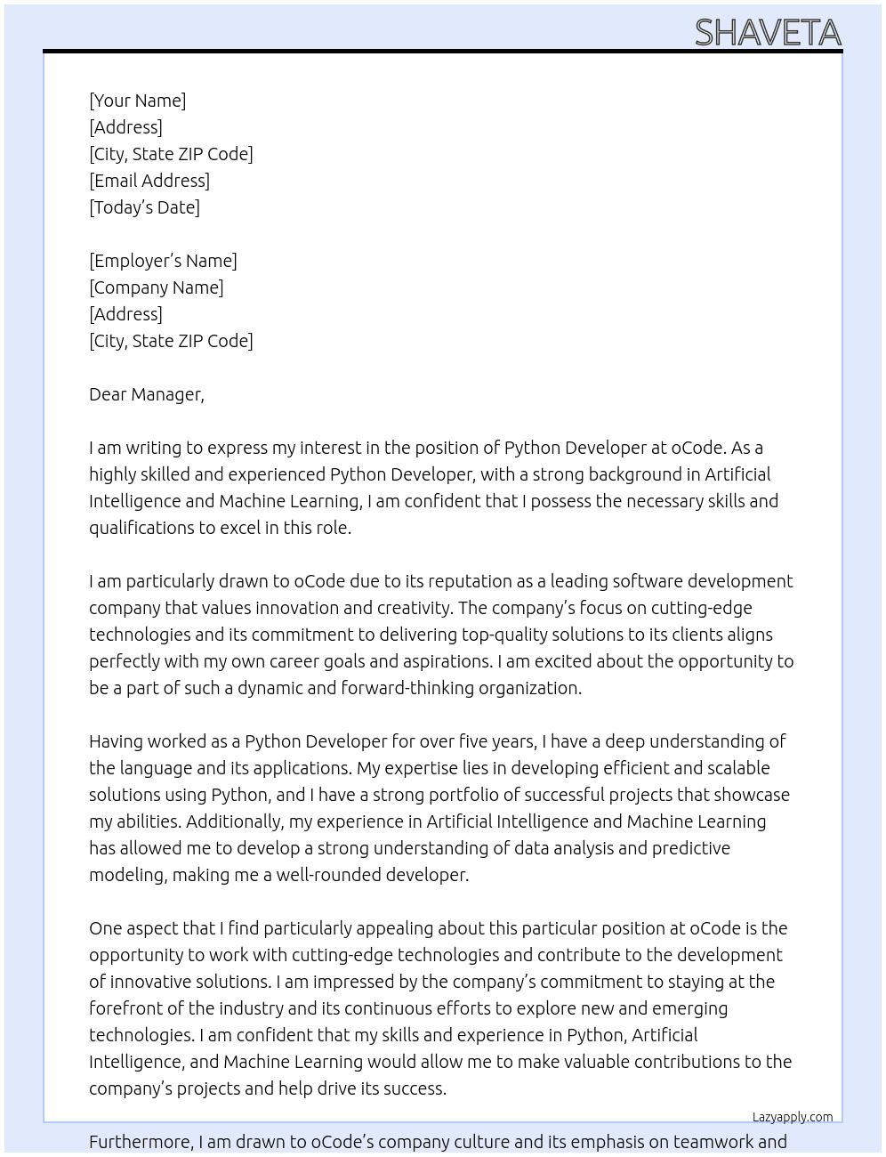 Python Developer At oCode Cover Letter