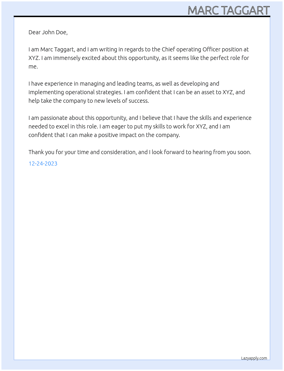 Chief operating Officer At XYZ Cover Letter