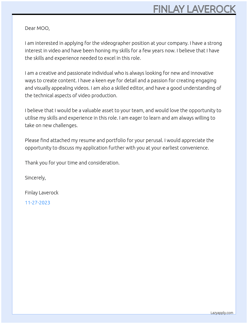 videographer At MOO Cover Letter