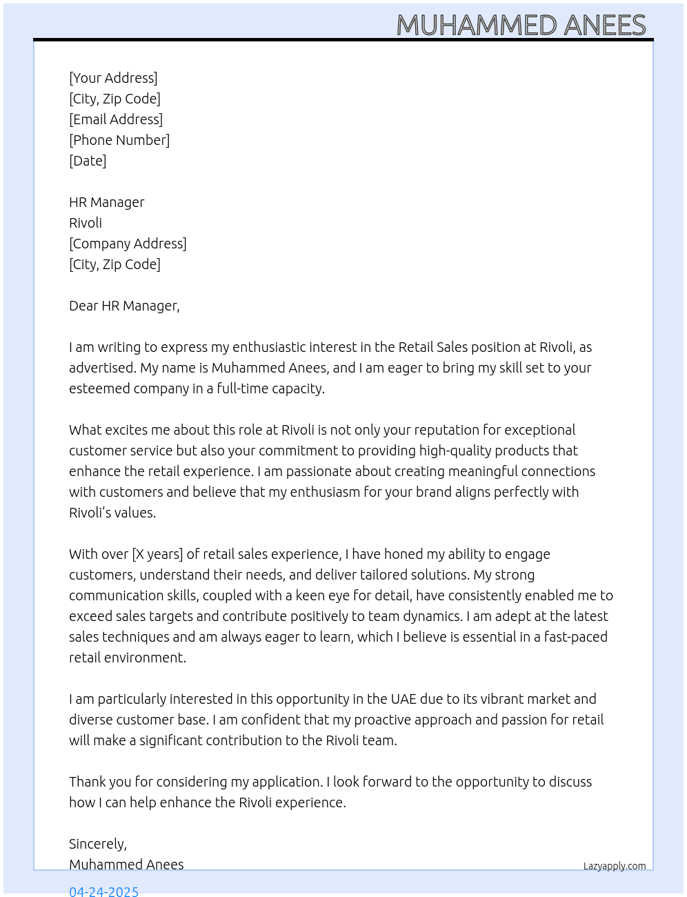 Retail Sales At Rivoli Cover Letter