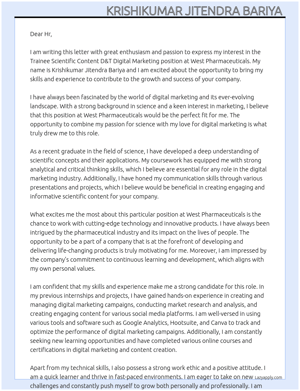 Trainee scientific content D&T Digital marketing  At West pharmaceuticals  Cover Letter