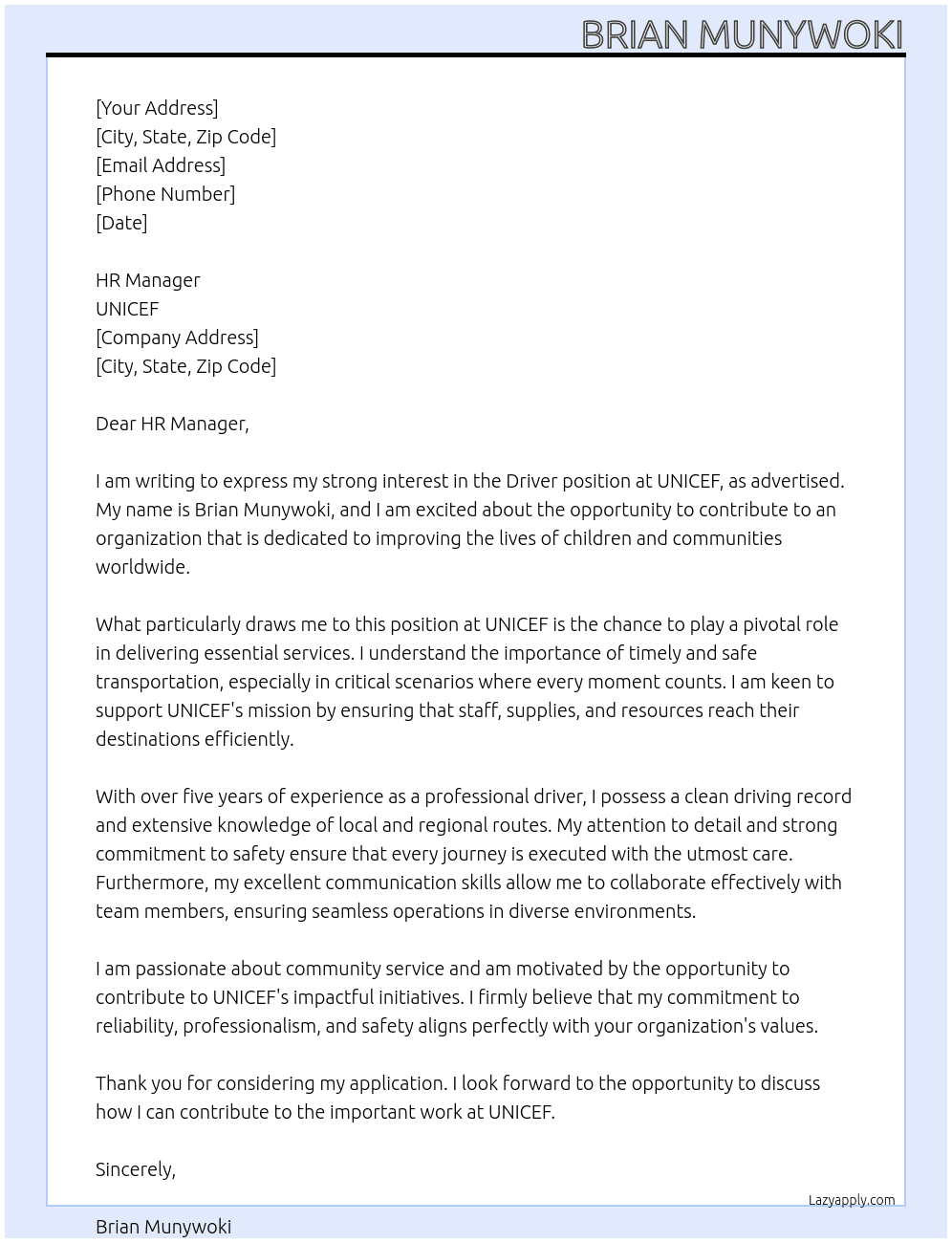 DRIVER At UNICEF Cover Letter