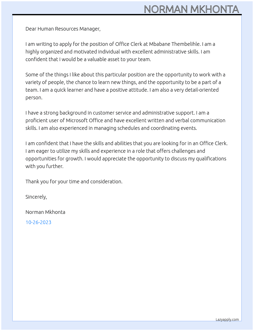 Office clerk At Mbabane Thembelihle Cover Letter
