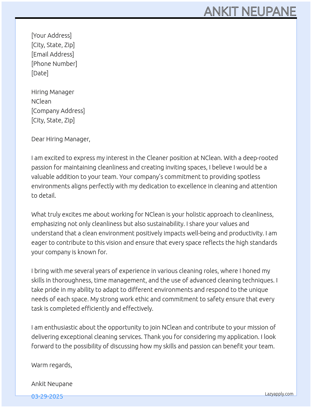 Cleaner At NClean Cover Letter