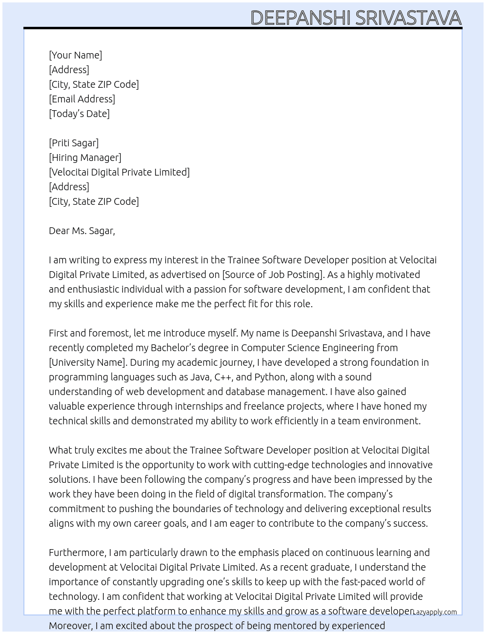Trainee Software Developer At Velocitai Digital Private Limited  Cover Letter