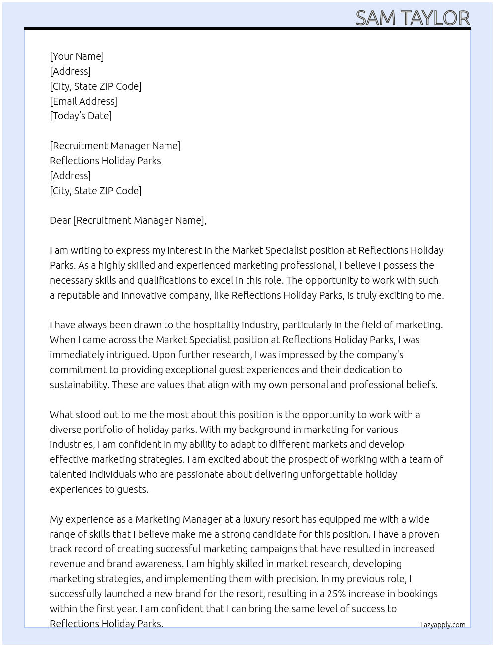 Market Specialist At reflections holiday parks Cover Letter