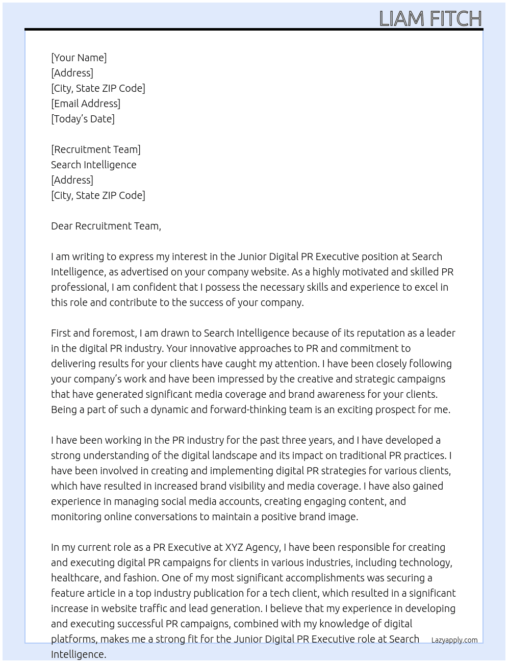 Junior Digital PR Executive At Search Intelligence Cover Letter