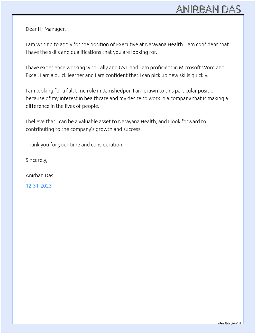 Executive  At Narayana Health  Cover Letter