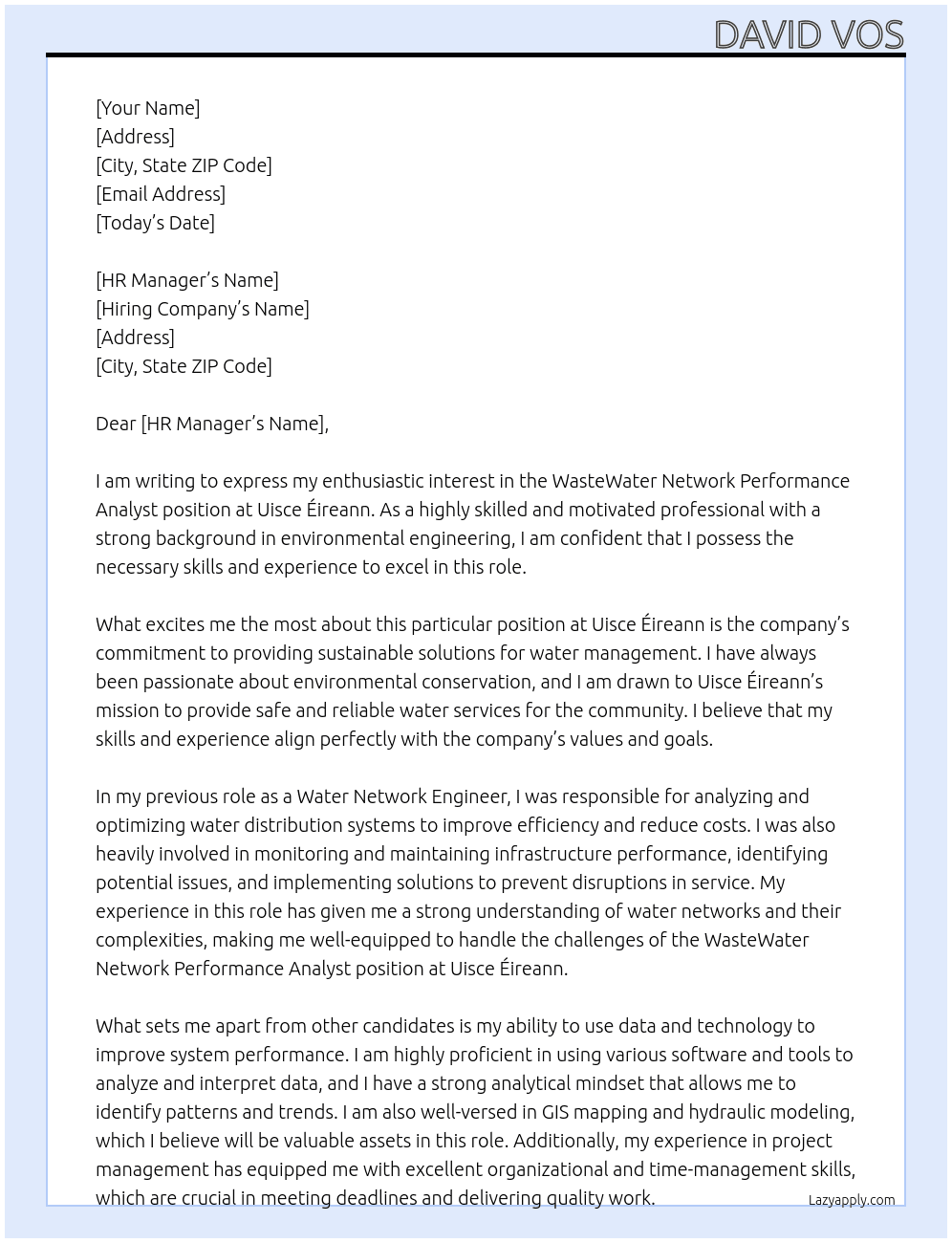  WasteWater Network Performance Analyst At Uisce Éireann Cover Letter