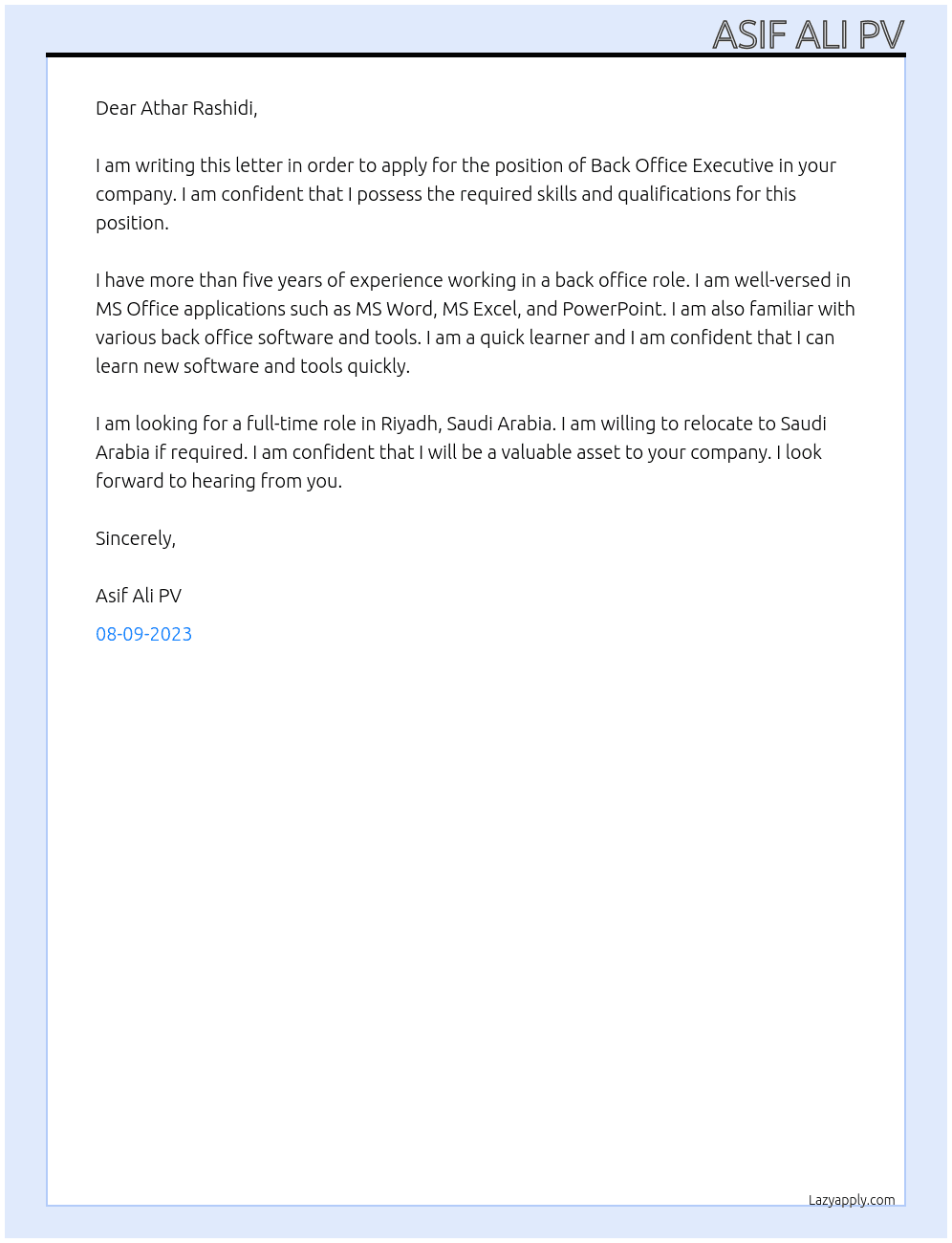 Back office executive  At Athar rashidi Cover Letter