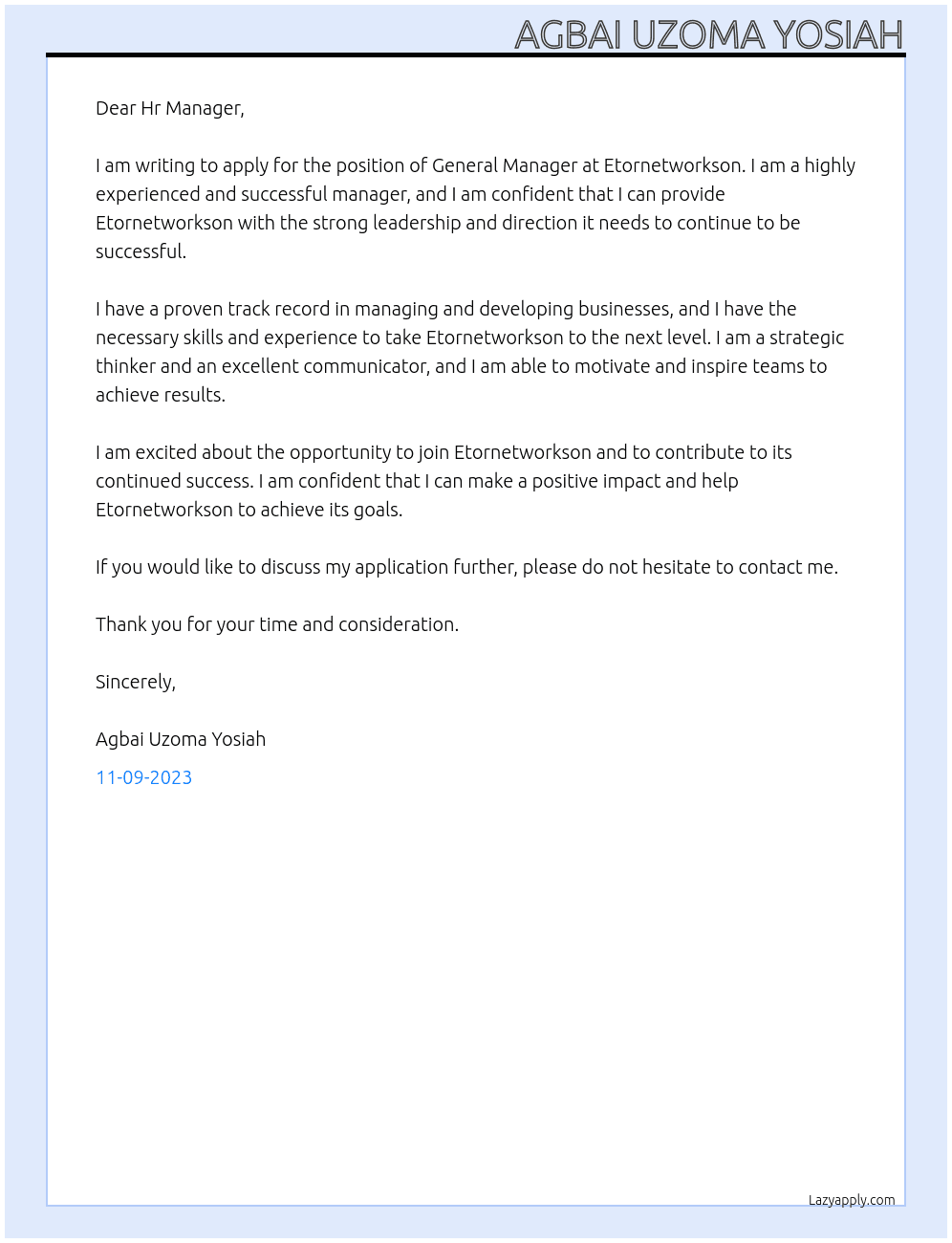 General Manager At Etornetworkson Cover Letter